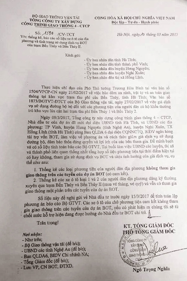 Lạ lùng với cam kết “không tham gia tuyến đường BOT” - 1 Công văn của Cienco 4 đề nghị các địa phương thống kê các loại phương tiện không tham gia giao thông trên các tuyến của dự án BOT
