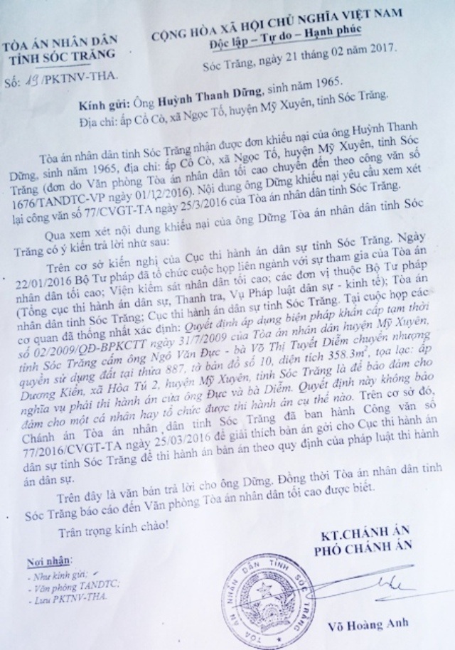 Án tuyên 7 năm chưa được thi hành: Dân không đồng tình trả lời khiếu nại của TAND tỉnh Sóc Trăng! - 1 Công văn TAND tỉnh Sóc Trăng trả lời khiếu nại của ông Huỳnh Thanh Dững.