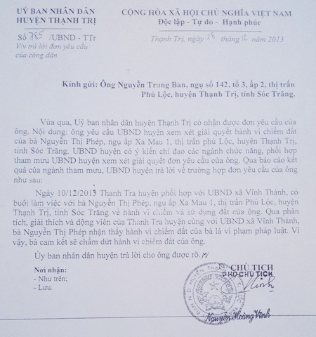 Sóc Trăng: Vợ chồng thương binh kêu cứu vì bỗng dưng mất đất! - 2 Công văn của UBND huyện Thạnh Trị thể hiện việc bà Phép chiếm đất của ông Ban.