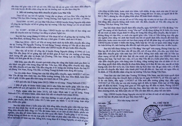 Điều chuyển nữ giáo viên đang bị bệnh là đúng quy định - 1 Công văn trả lời sự việc của UBND huyện Hưng Nguyên về việc điều chuyển cô Lưu Mai Yến