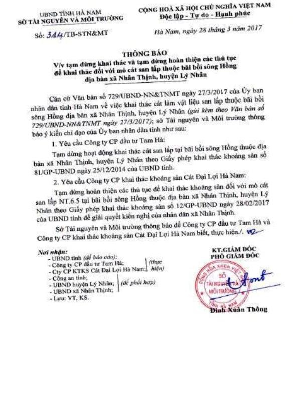 Hà Nam: Dân "kêu trời" vì cát tặc lộng hành trên sông Hồng - 4 Thông báo của Sở Tài nguyên và Môi trường tỉnh Hà Nam yêu cầu dừng khai thác cát