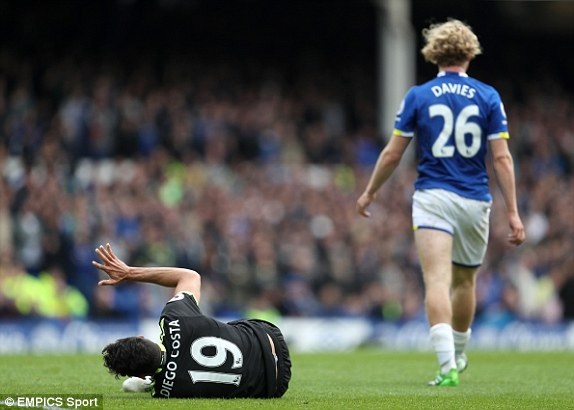 Everton 0-3 Chelsea: Lộ diện nhà vô địch - 3
Costa (trái) đau đớn nằm sân sau pha vào bóng của Davies (phải)