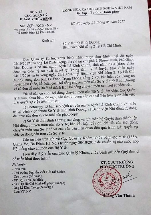 Vụ bác sĩ bị “tố” tắc trách, bé trai 13 tuổi tử vong: Chờ “phán quyết” từ Bộ Y tế! - 4 Cục Quản lý Khám chữa bệnh – Bộ Y tế đã có văn bản yêu cầu Sở Y tế Bình Dương và Bệnh viện Nhi đồng 2 (TP.HCM) cung cấp các tài liệu liên quan đến vụ bệnh nhi 13 tuổi tử vong.