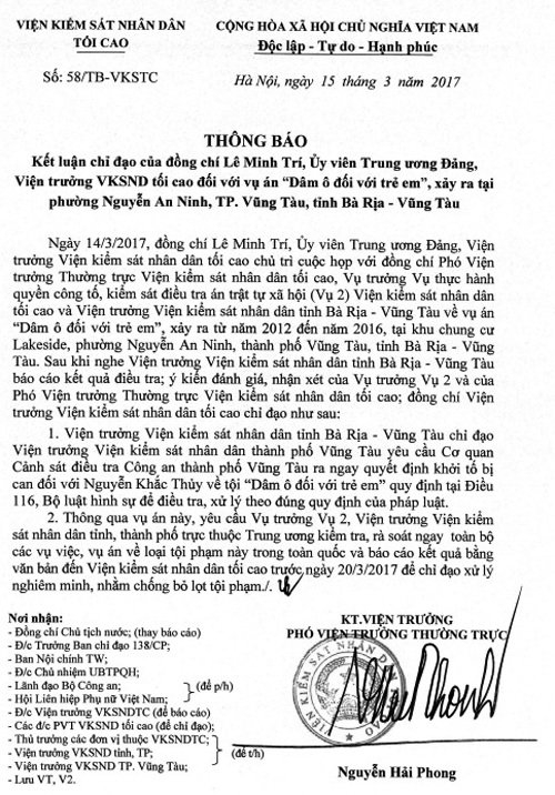 Viện KSND Tối cao yêu cầu khởi tố bị can cụ ông 77 tuổi bị tố dâm ô trẻ em - 1 Văn bản chỉ đạo của Viện KSND Tối cao về vụ án Dâm ô đối với trẻ em xảy ra tại tỉnh Bà Rịa - Vũng Tàu. (Ảnh: Cổng thông tin điện tử Viện KSND Tối cao)