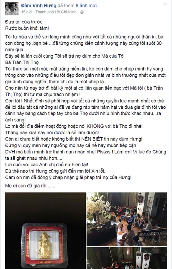 Đàm Vĩnh Hưng lại lên tiếng về chuyện nợ nần của mẹ - 1 Thông tin được Đàm Vĩnh Hưng chia sẻ trên trang cá nhân