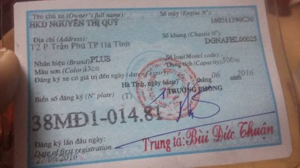 Xe máy điện cháy nổ khi đang sạc - 2
Giấy đăng ký xe máy điện của cháu Q.K.
