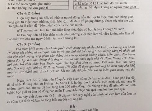 Tham nhũng, hối lộ; học sinh cúi chào bác bảo vệ... vào đề kiểm tra môn GDCD - 1 Đề GDCD khối 9 ở Q.3, TPHCM đề cập đến các vấn đề về hối lộ, tham nhũng và câu chuyện tặng vào của gia đình cụ Trịnh Văn Bô