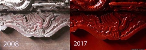 Hà Nội “tuýt còi” việc sơn sửa loè loẹt ở đền Phù Đổng - 1
Hai bức chạm khắc có niên đại từ thế kỷ XVII - XVIII ở hai bên bâụ cửa và chấn song đã bị phủ một màu sơn đỏ loè loẹt làm mất đi màu sắc nguyên bản.