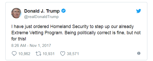Ông Trump lệnh “kiểm soát gắt gao” người nhập cư sau vụ khủng bố New York - 2
Tổng thống Trump viết trên mạng xã hội Twitter