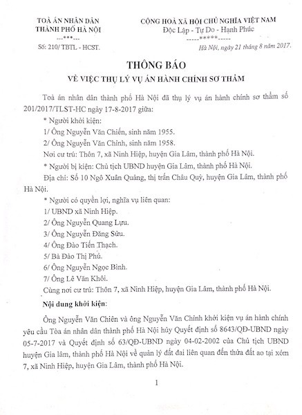 Hà Nội: Chủ tịch huyện Gia Lâm bị người dân khởi kiện ra tòa! - 1 Hà Nội: Chủ tịch huyện Gia Lâm bị người dân khởi kiện ra tòa! - 1