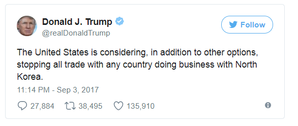 Trung Quốc "nóng mặt" vì ông Trump dọa cắt đứt giao thương với đối tác của Triều Tiên - 2
Tổng thống Mỹ Donald Trump dọa cắt đứt quan hệ giao thương với bất cứ quốc gia nào làm ăn với Triều Tiên sau vụ thử hạt nhân lần 6 của Bình Nhưỡng. (Ảnh: Twitter)