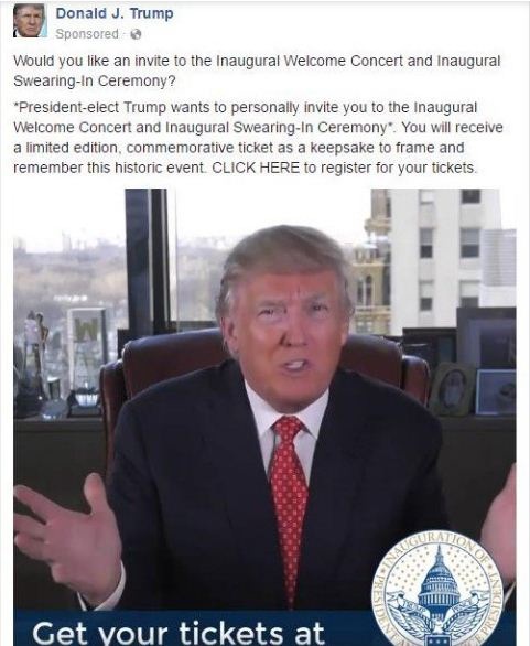 Ông Trump lên mạng xã hội kêu gọi công chúng dự lễ nhậm chức - 1 Ảnh chụp màn hình đoạn video quảng cáo xuất hiện trên Facebook của Tổng thống đắc cử Trump (Ảnh: Huffington Post)