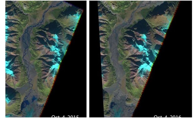 Dòng sông biến mất chỉ trong 4 ngày - 2
Hình ảnh từ vệ tinh cho thấy sự khác biệt rất lớn của sông Slims trong 2 năm 2015 – 2016(nguồn: phys.org)