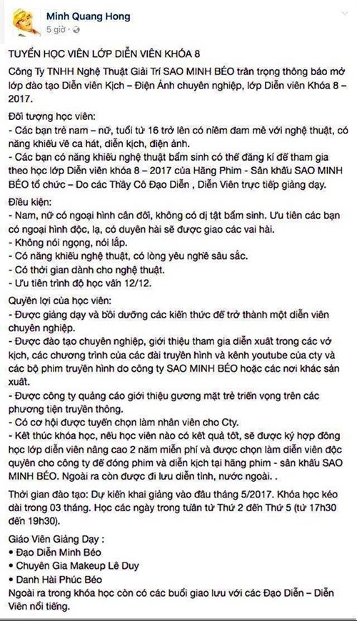 Sở Văn hóa thông tin TPHCM rà soát mọi hoạt động của Minh Béo - 1 Dư luận cho rằng Minh Béo quá trơ trẽn và coi thường pháp luật khi ngang nhiên đăng thông tin tuyển sinh cho sân khấu