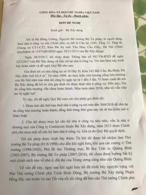 Nguyên Bộ trưởng Hà Hùng Cường trả nhà công vụ - 3
Đơn kêu khó, xin thuê hoặc mua lại nhà của ông Cường