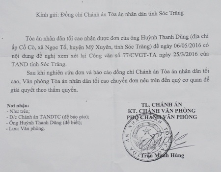 Án tuyên 7 năm chưa được thi hành: TAND Tối cao chuyển đơn đề nghị giải quyết - 1 Công văn của TAND Tối cao chuyển vụ việc đến TAND tỉnh Sóc Trăng giải quyết.