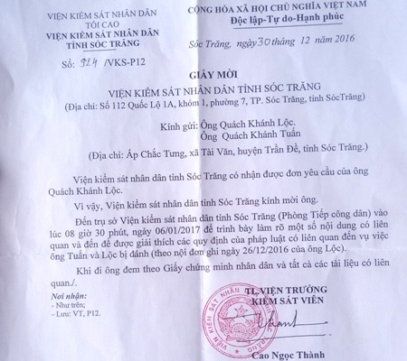 Dân “tố” công an “né” tội phạm: Ai “ém” đơn kêu cứu của công dân? - 1 Viện kiểm sát nhân dân mời ông Quách Khánh Tuấn đến làm việc nhưng vẫn chưa giải quyết được.