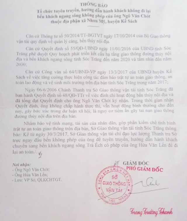 Sóc Trăng: Kiên quyết chấm dứt hoạt động của bến phà không phép - 1 Thông báo của Sở GT-VT tỉnh Sóc Trăng về việc kiên quyết không cho bến phà không phép hoạt động.