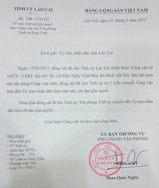 Luật sư “kêu cầu” quyền lợi cho dân, Bí thư tỉnh uỷ chuyển công văn đề nghị Uỷ ban tỉnh Lào Cai giải quyết - 1
Công văn hồi âm của Tỉnh uỷ Lào Cai.