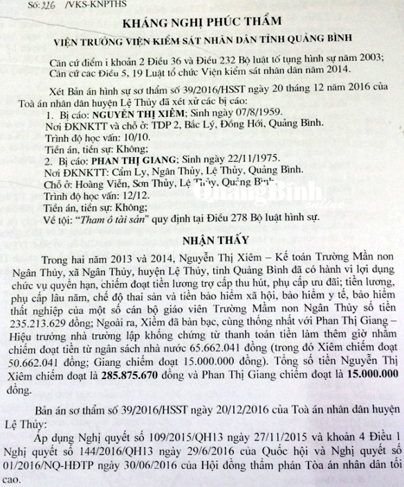 Bản kháng nghị phúc thẩm của VKSND tỉnh Quảng Bình 