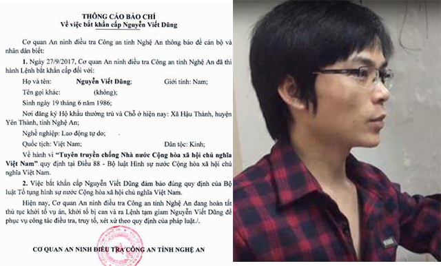Bắt đối tượng bị cáo buộc có hành vi tuyên truyền chống nhà nước - 1 Thông cáo báo chí của cơ quan an ninh điều tra Công an tỉnh Nghệ An về việc bắt khẩn cấp Nguyễn Viết Dũng