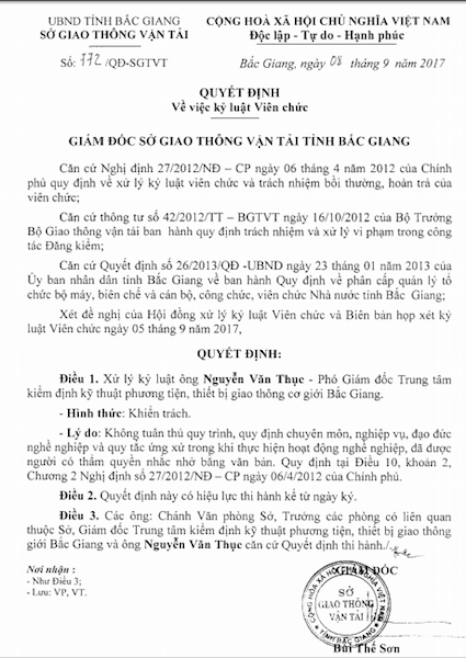 Bắc Giang: Kỷ luật hàng loạt cán bộ Sở Giao thông vận tải! - 1
Quyết định kỷ luật hình thức khiển trách với ông Nguyễn Văn Thục - Phó giám đốc Trung tâm kiểm định kỹ thuật phương tiện, thiết bị giao thông cơ giới Bắc Giang.