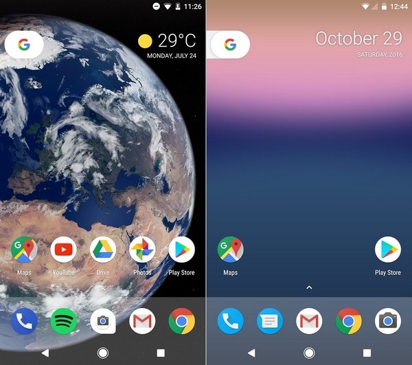 So sánh giao diện Android 8.0 Oreo mới ra mắt với phiên bản 7.0 Nougat - 1 Giao diện màn hình chính của Android 8.0 Oreo (trái) và Android 7.0 Nougat (phải) dường như không có sự thay đổi nào