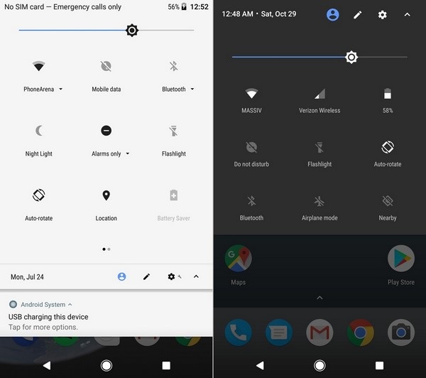 So sánh giao diện Android 8.0 Oreo mới ra mắt với phiên bản 7.0 Nougat - 2 Giao diện thiết lập nhanh trên Android Oreo (trái) cũng không thay đổi nhiều so với Android Nougat, ngoại trừ việc thay đổi màu nền từ đen sang trắng