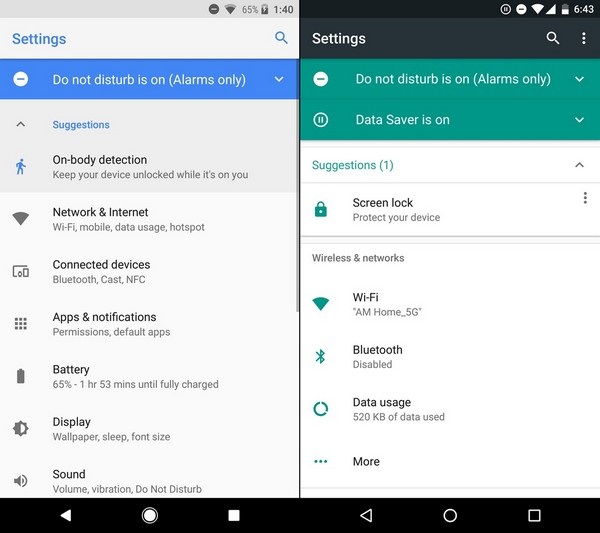 So sánh giao diện Android 8.0 Oreo mới ra mắt với phiên bản 7.0 Nougat - 5 Mục thiết lập có lẽ là sự thay đổi lớn nhất trong thiết kế giữa 2 phiên bản. Trên Android Oreo (trái) các thiết lập được nhóm vào từng nhóm có chung chủ đề, thay vì được tách riêng ra như trên Android Nougat (phải)