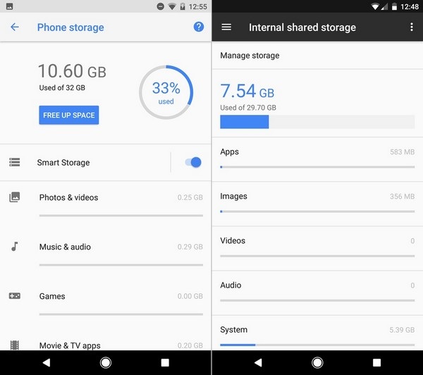 So sánh giao diện Android 8.0 Oreo mới ra mắt với phiên bản 7.0 Nougat - 7 Giao diện quản lý dung lượng của Android Oreo (trái) trực quan hơn so với phiên bản cũ. Bên cạnh việc hiển thị dung lượng đã sử dụng còn là mức % dung lượng đã được dùng trên ổ cứng thiết bị