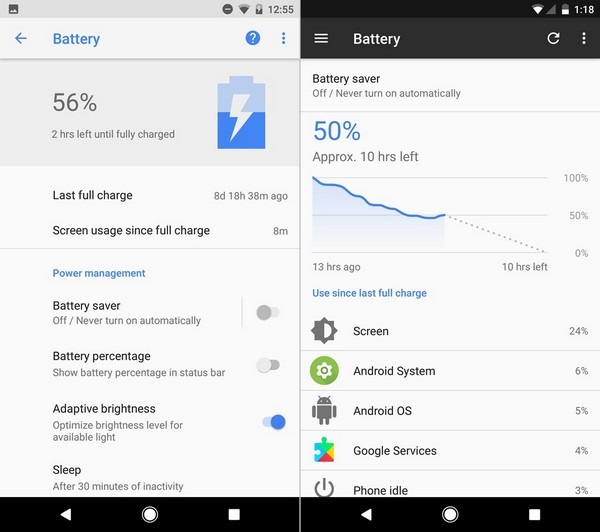 So sánh giao diện Android 8.0 Oreo mới ra mắt với phiên bản 7.0 Nougat - 8 Giao diện quản lý pin trên Android Oreo (trái) cũng có phần trực quan hơn so với phiên bản cũ