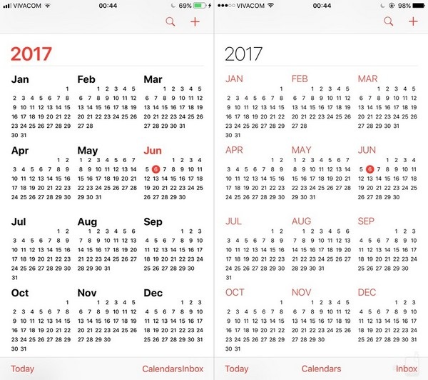 Ứng dụng lịch: giao diện ứng dụng lịch trên iOS 11 đậm nét và rõ ràng hơn trước đây.