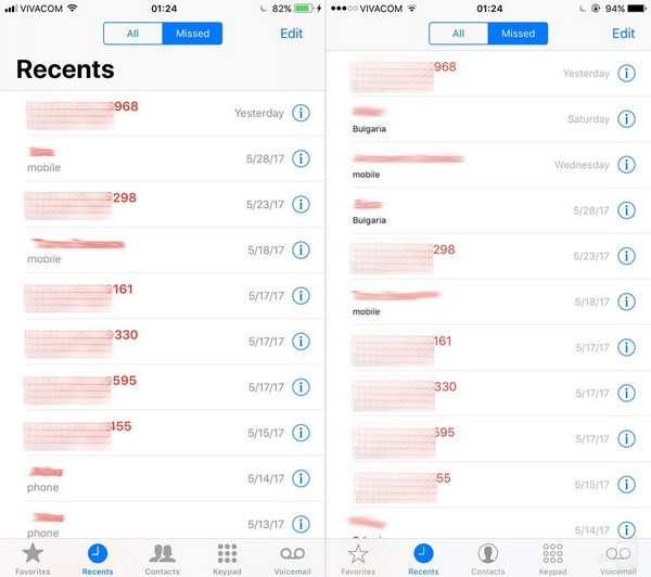 Lịch sử cuộc gọi: về cơ bản giao diện lịch sử cuộc gọi không có gì thay đổi, tuy nhiên trên iOS 11 đã được trang bị font chữ đậm và rõ ràng hơn, giúp người dùng nhìn rõ hơn nội dung trong danh sách này.