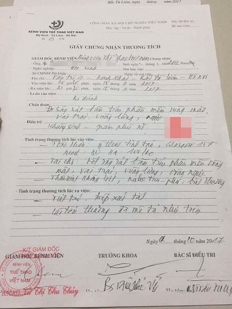 Hà Nội: Cô giáo mầm non đánh con riêng của chồng phải nhập viện - 3 Theo giấy chứng nhận thương tích, cháu T. phải dùng kháng sinh để giảm phù nề (ảnh: Internet)
