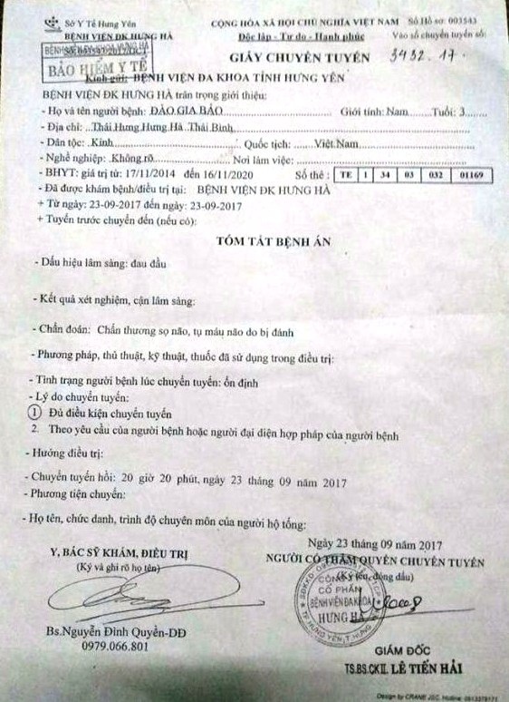 Bé 3 tuổi phải phẫu thuật vì bị chấn thương sọ não ở trường - 1 Giấy chuyển viện và tình trạng chấn thương của cháu Bảo
