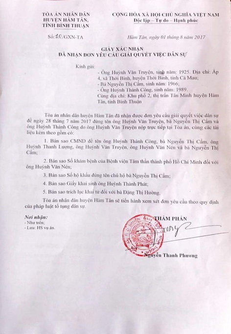 Đề nghị tòa công nhận ông Huỳnh Văn Nén mất năng lực hành vi dân sự - 2 Giấy xác nhận đã nhận đơn của TAND Hàm Tân - Bình Thuận