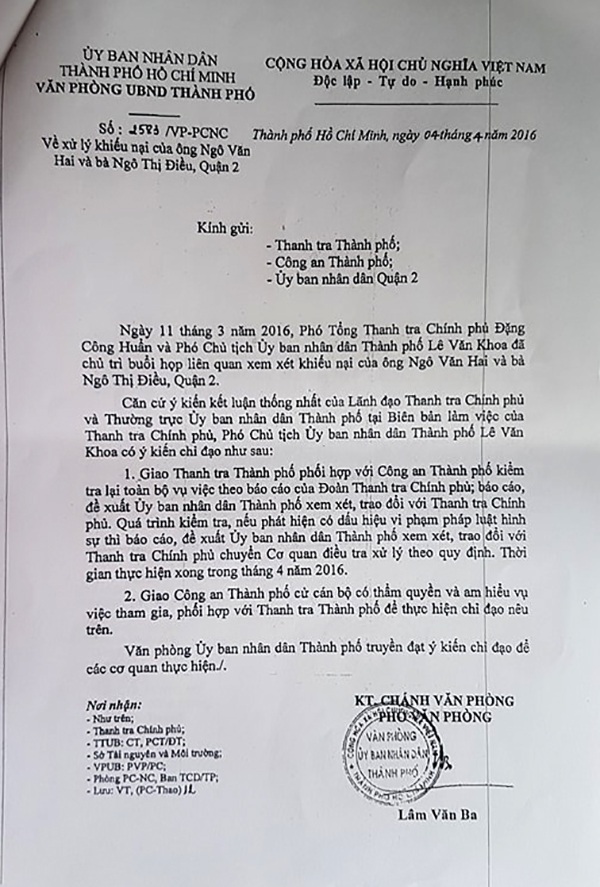 Vụ mượn “đất vàng” rồi lấy luôn: Chỉ đạo Công an thành phố vào cuộc! - 3 Ngày 4/4/2016, Phó Chủ tịch UBND TP.HCM Lê Văn Khoa đã có ý kiến chỉ đạo: Giao Thanh tra TP phối hợp với Công an TP kiểm tra lại toàn bộ vụ việc theo báo cáo của Đoàn TTCP.