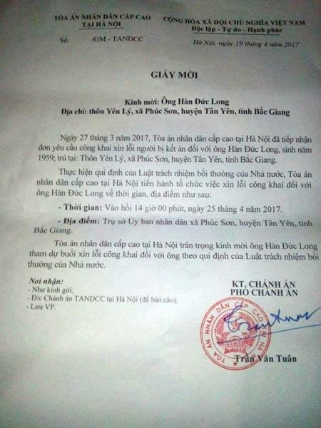 Chiều nay TAND cấp cao xin lỗi công khai “tử tù” Hàn Đức Long - 2 Giấy mời ông Long tới dự buổi công khai xin lỗi đối với ông