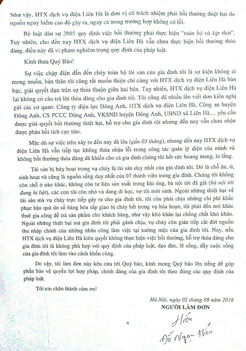 Cụ già cùng bà bầu thoát chết “gang tấc” trong vụ hoả hoạn lạ, trách nhiệm cơ quan cấp điện đến đâu? - 3
Đơn kêu cứu gia đình nạn nhân gửi Báo Dân trí.