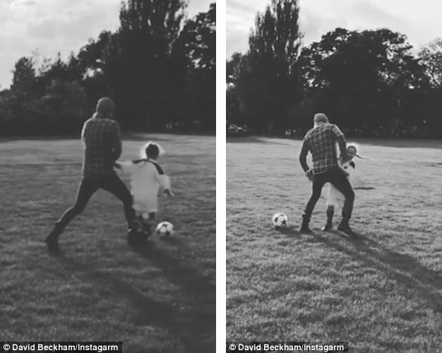 Thú vị khi xem David Beckham dạy con gái út đá bóng - 3
Hình ảnh hai cha con David và Harper trên sân bóng đá khiến fan vô cùng thích thú.