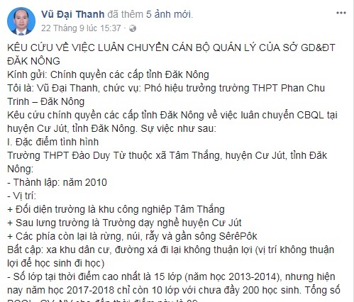 Sở GD&ĐT ra văn bản chấn chỉnh thầy giáo lên Facebook “kêu cứu” - 1 Chia sẻ kêu cứu trên facebook của thầy Thanh