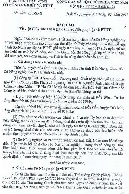 Giả chữ ký giám đốc Sở, âm mưu khai thác lậu gỗ rừng - 1 Báo cáo của Sở NN-PTNT về việc giả mạo giấy xác nhận khai thác gỗ