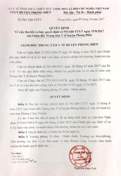 Hủy quyết định khiển trách bác sĩ “nói xấu” Bộ trưởng Bộ Y tế - 1 Quyết định thu hồi, hủy bỏ quyết định trước đây kỷ luật bác sĩ Truyện
