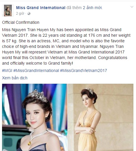 Huyền My đại diện Việt Nam dự thi Hoa hậu Hoà bình Quốc tế 2017 - 1 Trên trang Fanpage của Miss Grand International đã đăng tải thông tin Huyền My đại diện Việt Nam tham dự cuộc thi này.