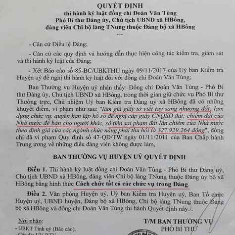 Quyết định xử lý kỉ luật chủ tịch UBND xã HBông (Chư Sê)