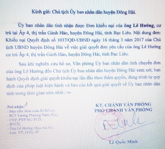 Văn phòng UBND tỉnh Bạc Liêu chuyển vụ việc đề nghị Chủ tịch UBND huyện Đông Hải xem xét, ban hành Quyết định giải quyết theo đúng thẩm quyền, trình tự quy định.