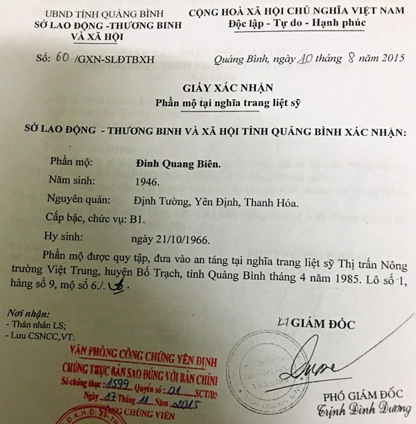Đi tìm danh dự cho người lính đã hi sinh: “Le lói” niềm hi vọng! - 1 Xác nhận phần mộ liệt sĩ của ngành chức năng tỉnh Quảng Bình