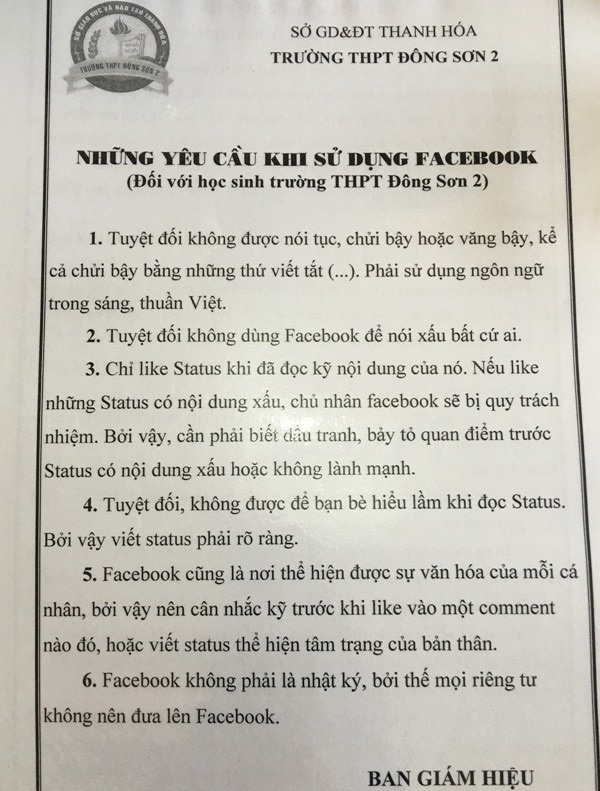 Trường yêu cầu học sinh không nói tục khi sử dụng Facebook - 2
Những yêu cầu đối với học sinh trường THPT Đông Sơn 2 khi sử dụng Facebook