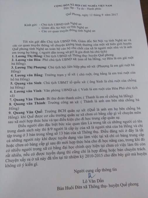Choáng với danh sách 8 anh chị em cùng làm... lãnh đạo xã (!) - 1 Đơn kiến nghị của ông Lô Văn Dần gửi đến các cơ quan truyền thông