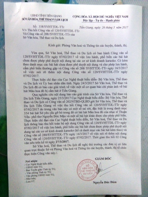 Sở Văn hóa Tiền Giang thu hồi công văn cấm hát “Màu hoa đỏ” - 1 Công văn thu hồi 2 công văn cấm 354 bài hát của sở VH -TT&DL Tiền Giang